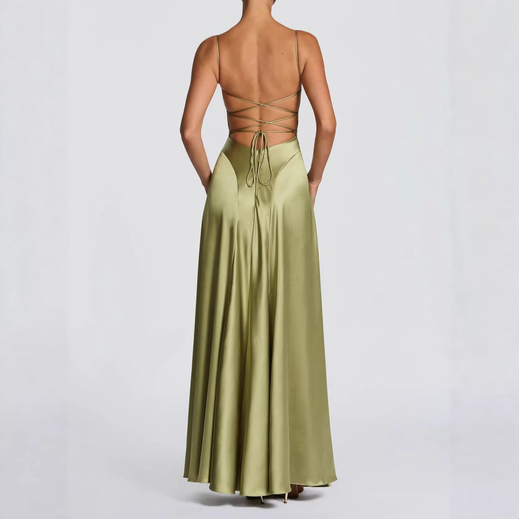 Damen Elegantes Maxi-Kleid mit fließendem Satin und verführerischem Spaghettiträger