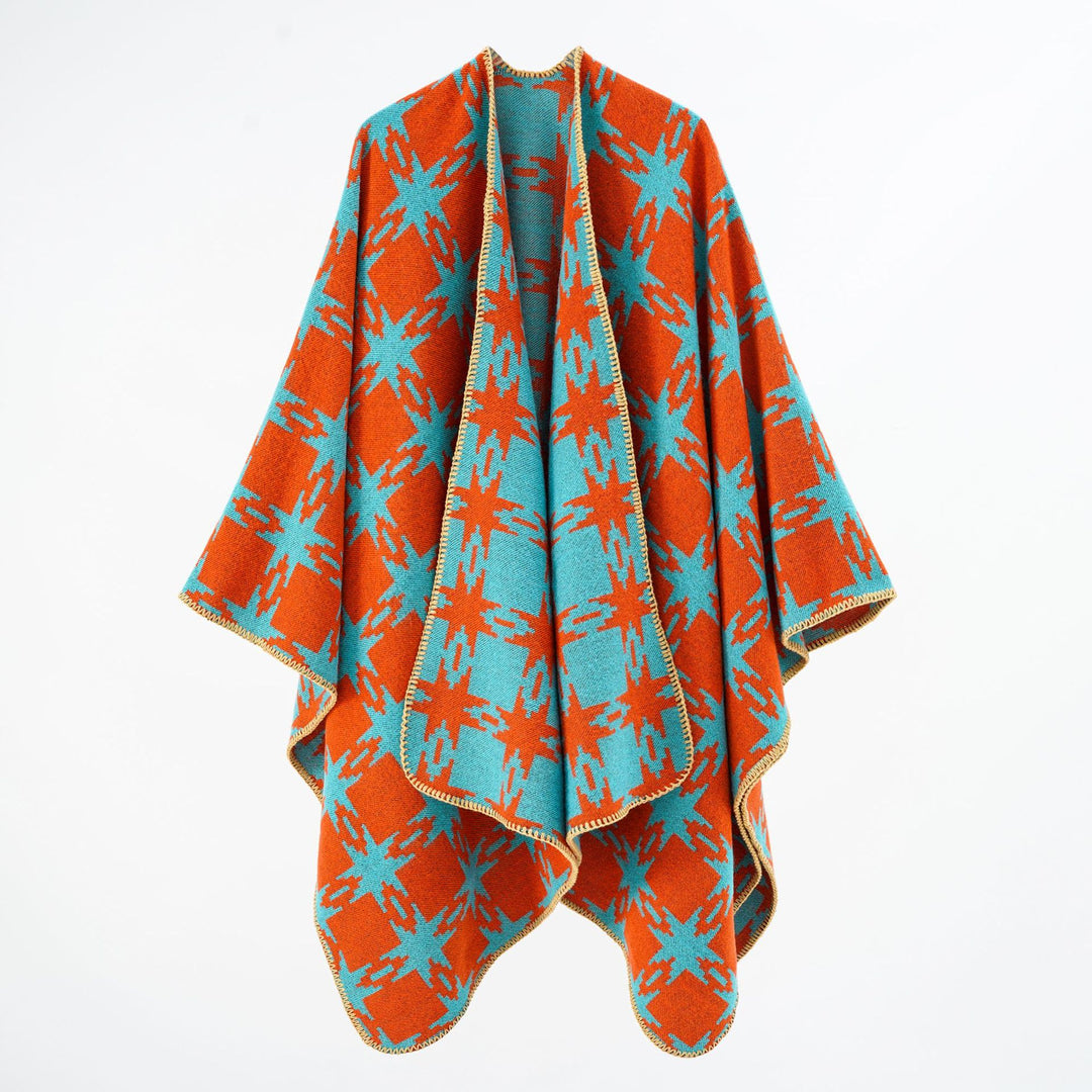 Damen Oversize-Jacquard-Cape mit Sternmotiv und kontrastierter Kettelkante Shop Nory