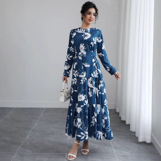 Damen Langes Blumen-Tiered-Maxikleid mit Taillengürtel & Rundhalsausschnitt Shop Nory