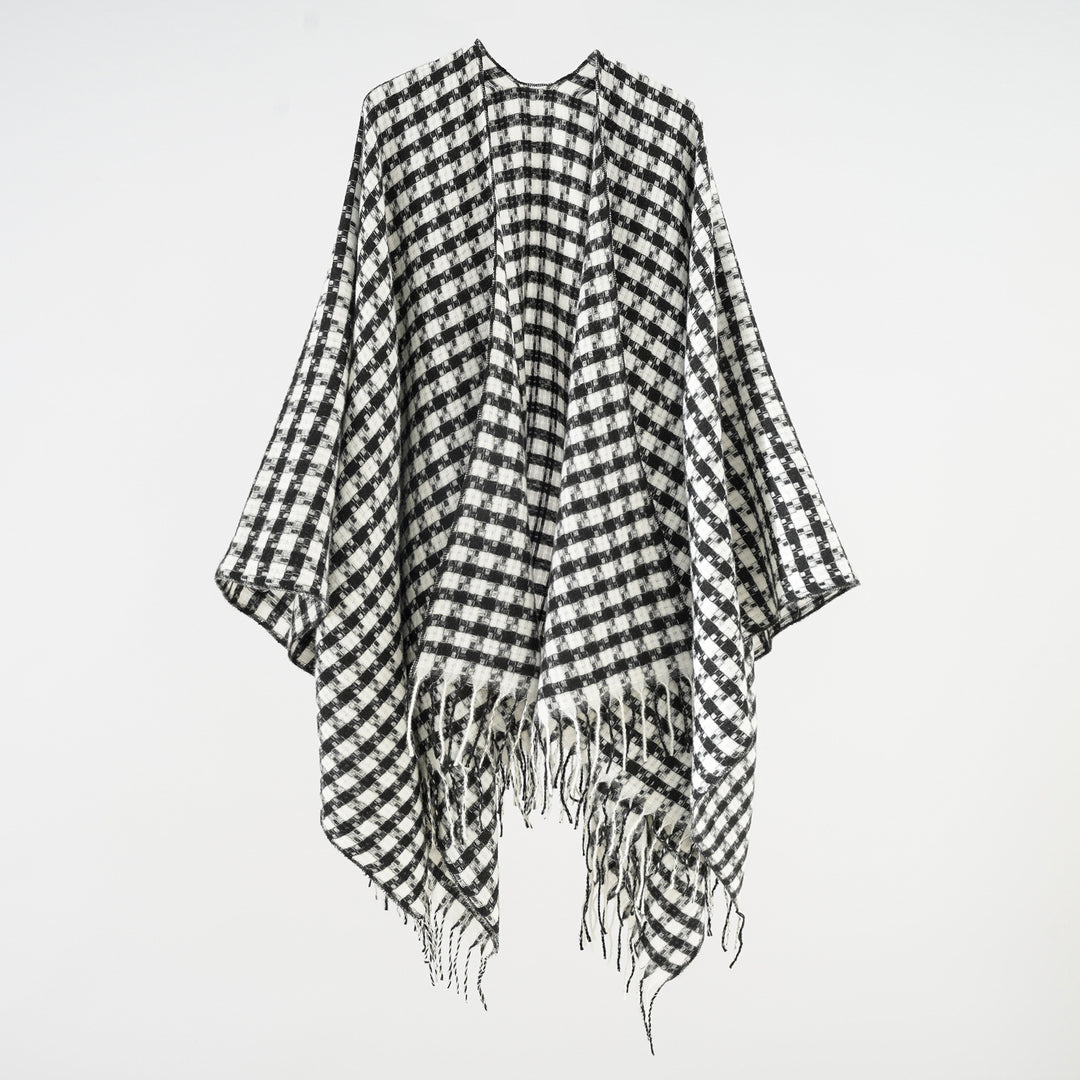 Damen Offener Wollmix-Poncho im Hahnentritt‑Karo mit Fransen Shop Nory