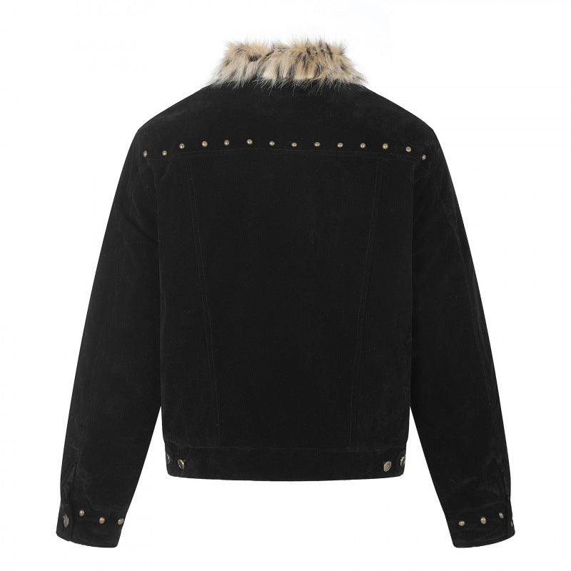 Herren Kurzjacke aus Velourslederimitat mit Kunstfellkragen und Nieten-Details Shop Nory