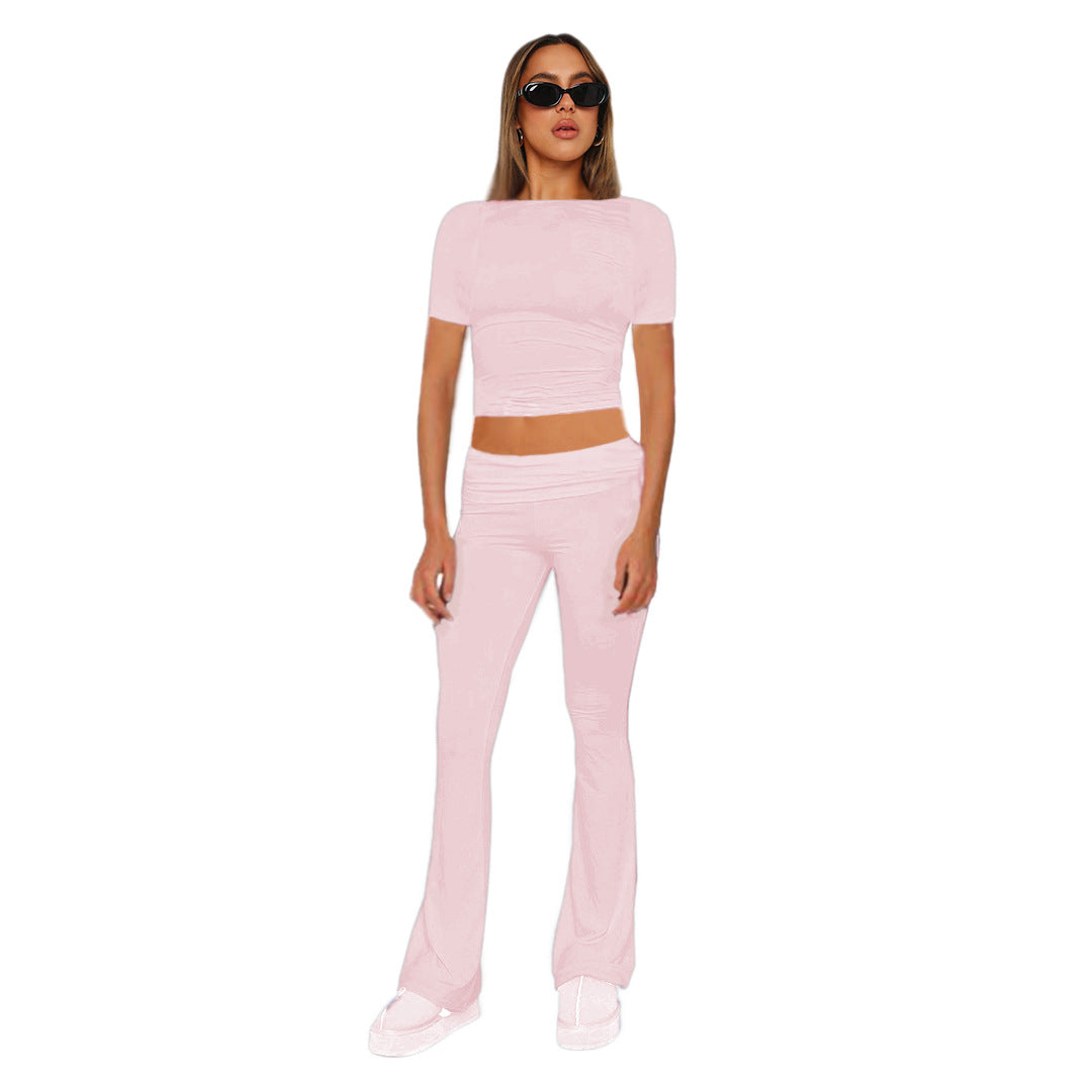Figurbetonendes Damen-Crop-Set aus Stretch-Jersey mit hoch taillierten, ausgestellt Hosen Shop Nory