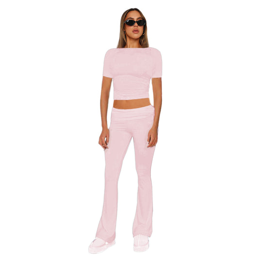 Figurbetonendes Damen-Crop-Set aus Stretch-Jersey mit hoch taillierten, ausgestellt Hosen Shop Nory