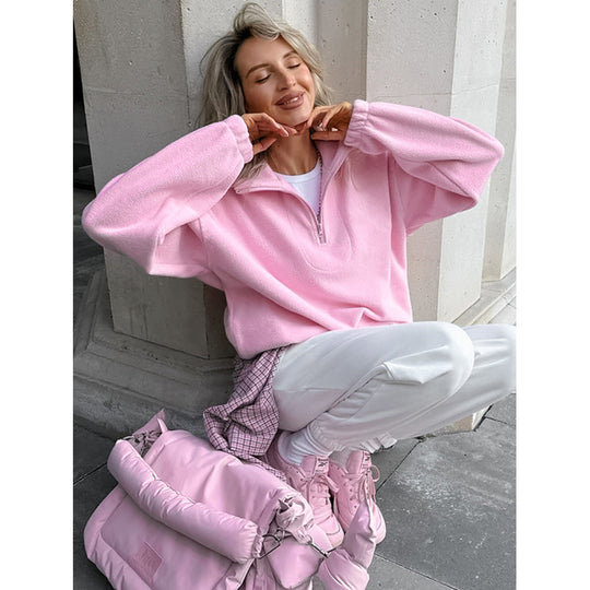 Damen Oversized Fleecepullover mit halbem Reißverschluss und Stehkragen Shop Nory