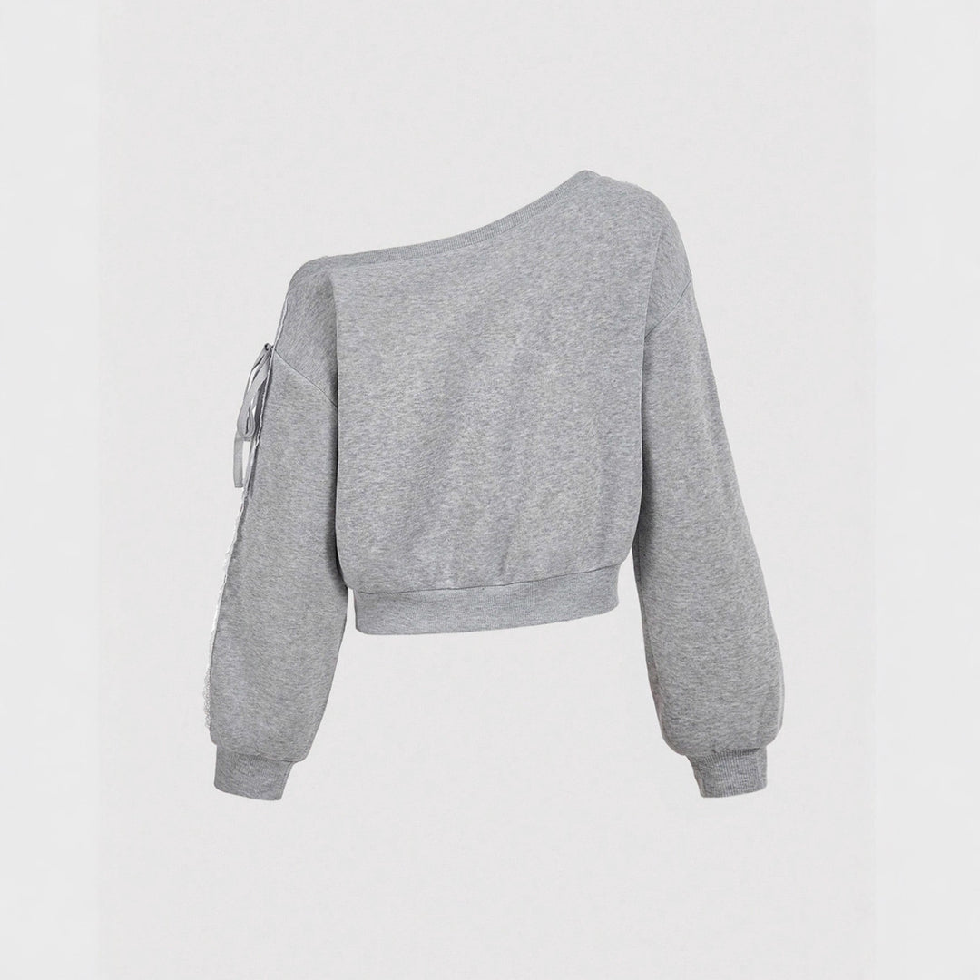 Damen Kurzgeschnittenes One-Shoulder Sweatshirt mit Ballonärmeln und Schnürdetail Shop Nory