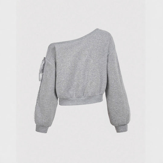 Damen Kurzgeschnittenes One-Shoulder Sweatshirt mit Ballonärmeln und Schnürdetail Shop Nory