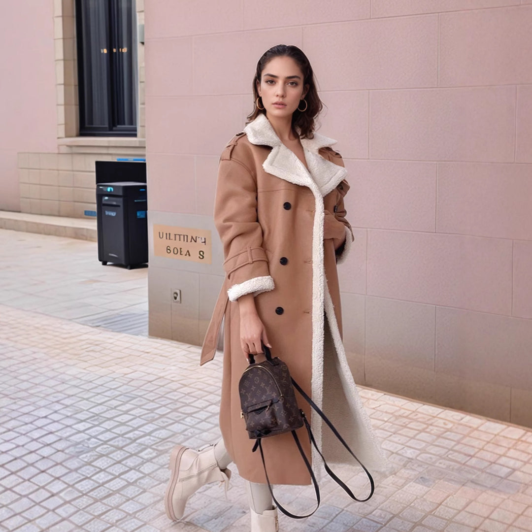 Damen Langer Mantel im Trenchstil mit Teddyfutter und taillierter Silhouette Shop Nory