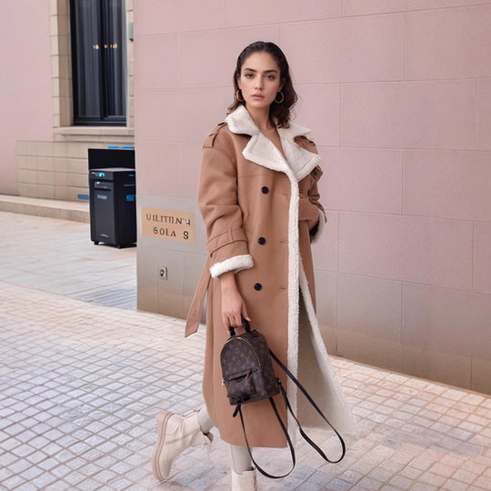 Damen Langer Mantel im Trenchstil mit Teddyfutter und taillierter Silhouette Shop Nory