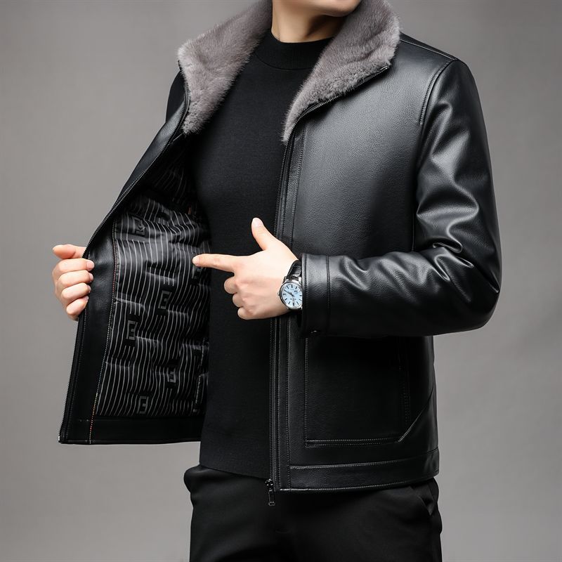 Herren Lederjacke mit wärmender Teddy-Fütterung und Frontreißverschluss Shop Nory