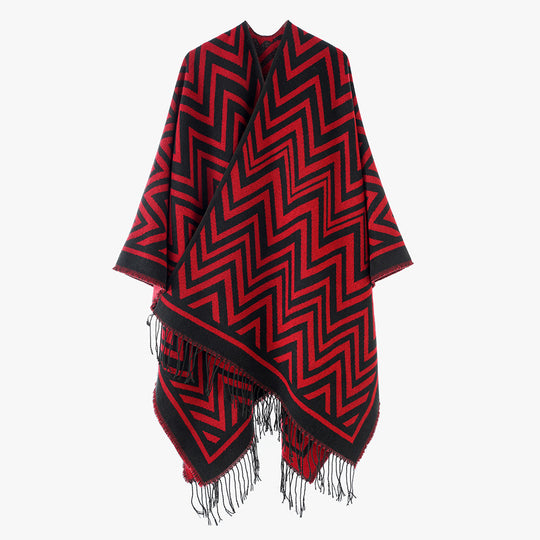 Damen Rechteckiger Zickzack‑Wollmix‑Überwurf mit Fransensaum und offenem Fall Shop Nory
