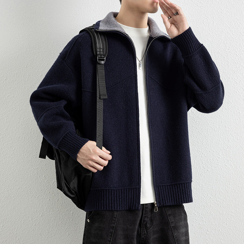 Herren Strick-Zipjacke mit Kontrastkragen und Rippbündchen Shop Nory
