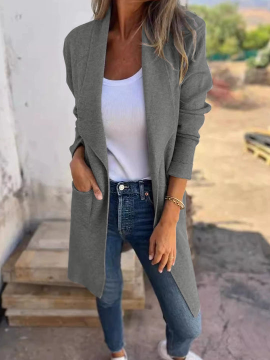 Damen Longline Blazer mit Schalkragen, offenem Schnitt und aufgesetzten Taschen Shop Nory