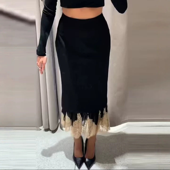 Damen Zweilagiger Midirock mit Spitzenbesatz und geradem Überrock Shop Nory