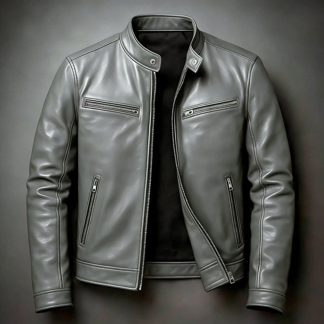 Herren Schmal geschnittene Biker-Lederjacke aus Nappaleder mit Stehkragen und Reißverschluss Shop Nory