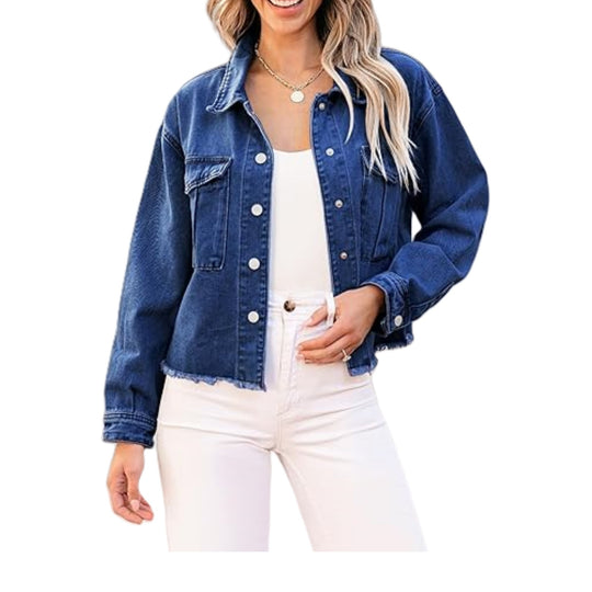 Damen Kurz geschnittene Oversize-Jeansjacke mit rohem Saum und aufgesetzten Brusttaschen Shop Nory