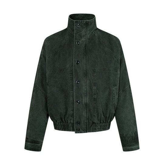 Damen kurze Oversize-Bomberjacke mit Stehkragen, Knopfleiste und elastischem Saum Shop Nory