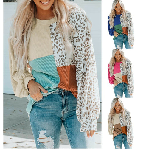Damen Patchwork-Strickpullover mit Leopardenmuster, Rippstruktur und Ballonärmeln Shop Nory