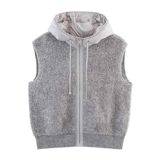 Damen Ärmellose Bouclé-Weste mit Reißverschluss, wattierter Kapuze und Rippbund Shop Nory