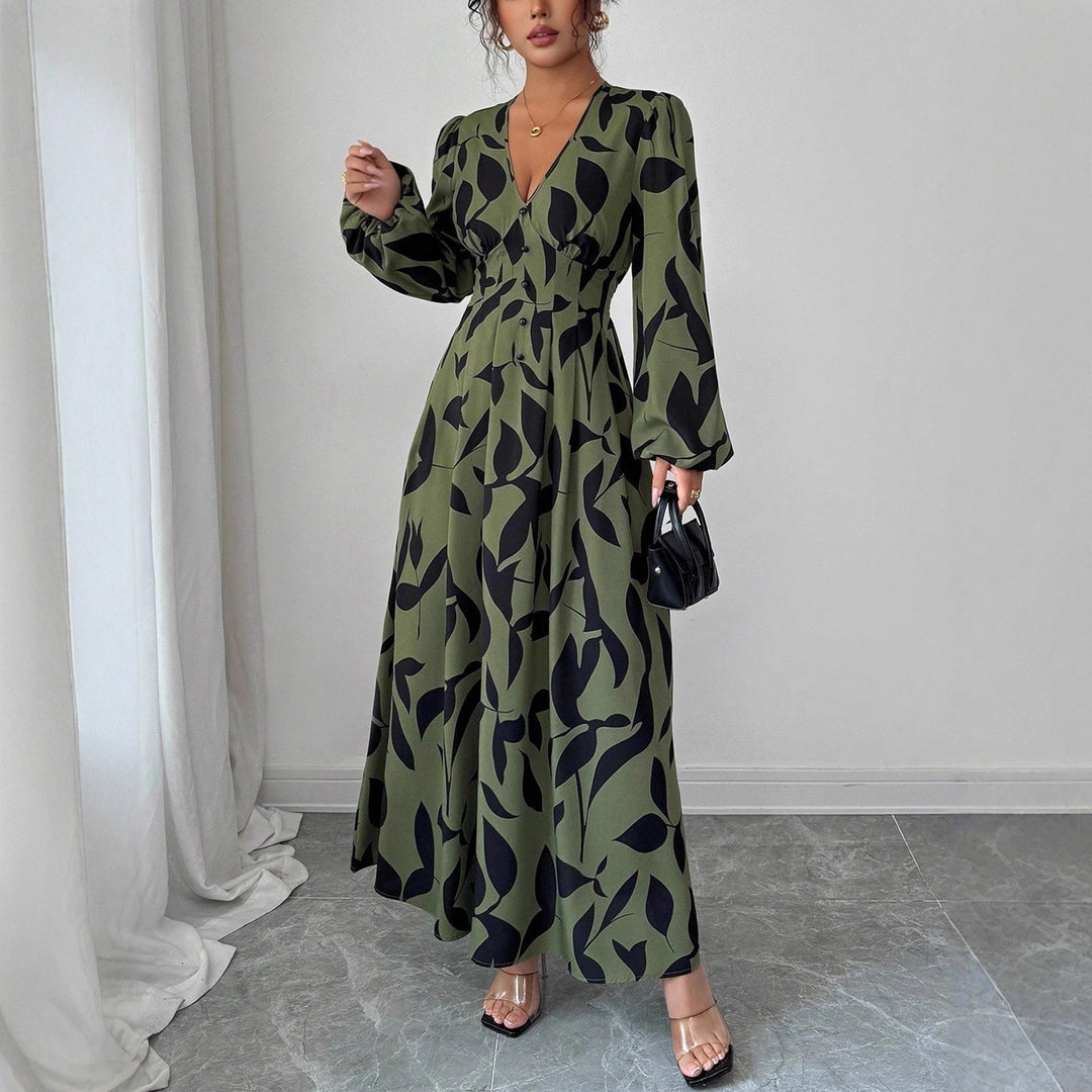 Damen Maxikleid mit taillierter Knopfleiste, V‑Ausschnitt und Ballonärmeln Shop Nory