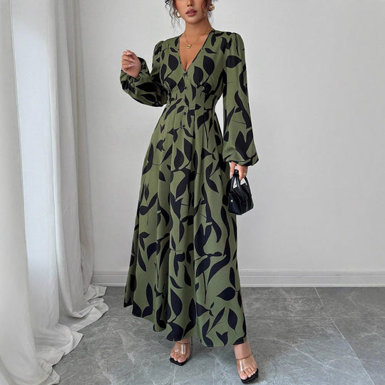 Damen Maxikleid mit taillierter Knopfleiste, V‑Ausschnitt und Ballonärmeln Shop Nory