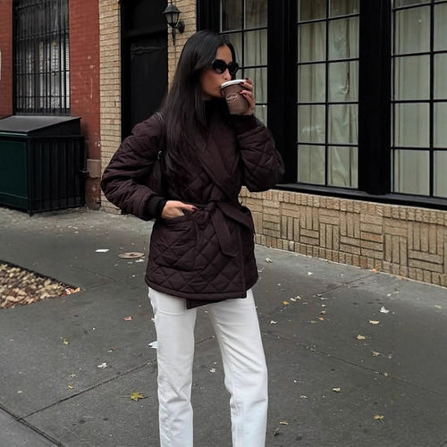 Damen Wickel-Steppjacke mit Taillenbindegürtel und Schalkragen Shop Nory