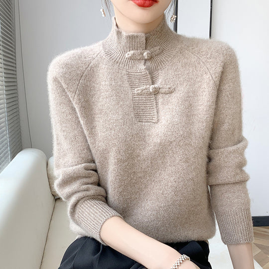 Damen Kaschmir‑Optik Mockneckpullover mit dekorativer KnShop Noryelknopfblende Shop Nory