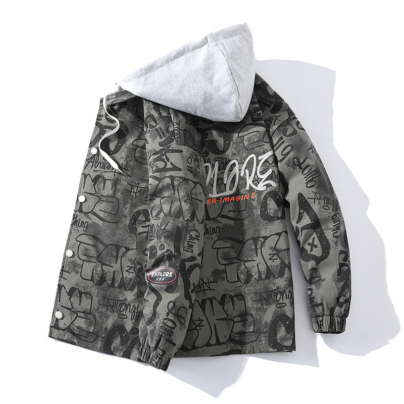 Herren Graffiti-Print Kapuzenparka mit Zip-In Fleece-Innenlayer Shop Nory