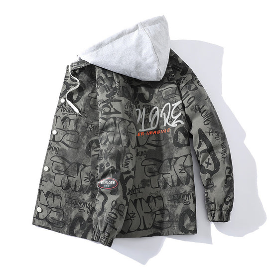 Herren Graffiti-Print Kapuzenparka mit Zip-In Fleece-Innenlayer Shop Nory