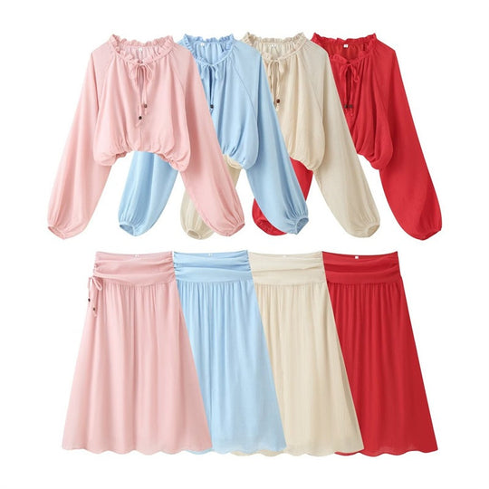 Damen Zweiteiliges Boho-Set mit verkürzter Rüschenbluse, Ballonärmeln und hochtailliertem Maxirock Shop Nory