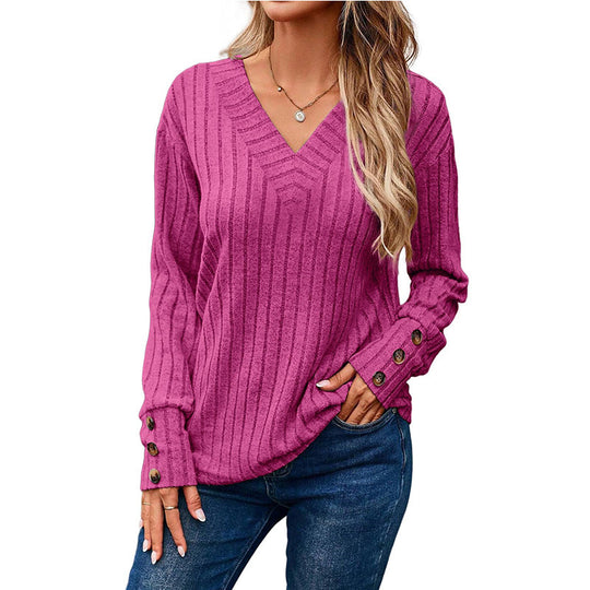Damen Gerippter V-Ausschnitt Strickpullover mit Knopfmanschetten Shop Nory