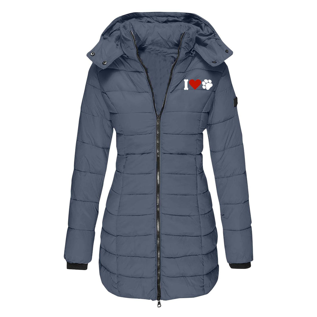 Damen nan gesteppte Steppjacke mit Kapuze, taillierter Silhouette und Herz-Pfoten-Print Shop Nory