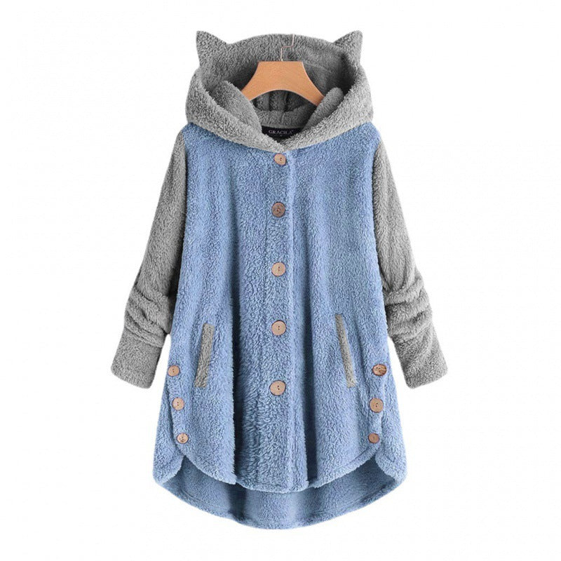 Damen Kuschelige Kapuzen‑Teddyjacke mit Katzenohren, Holzknopf‑Details und High‑Low‑Saum Shop Nory