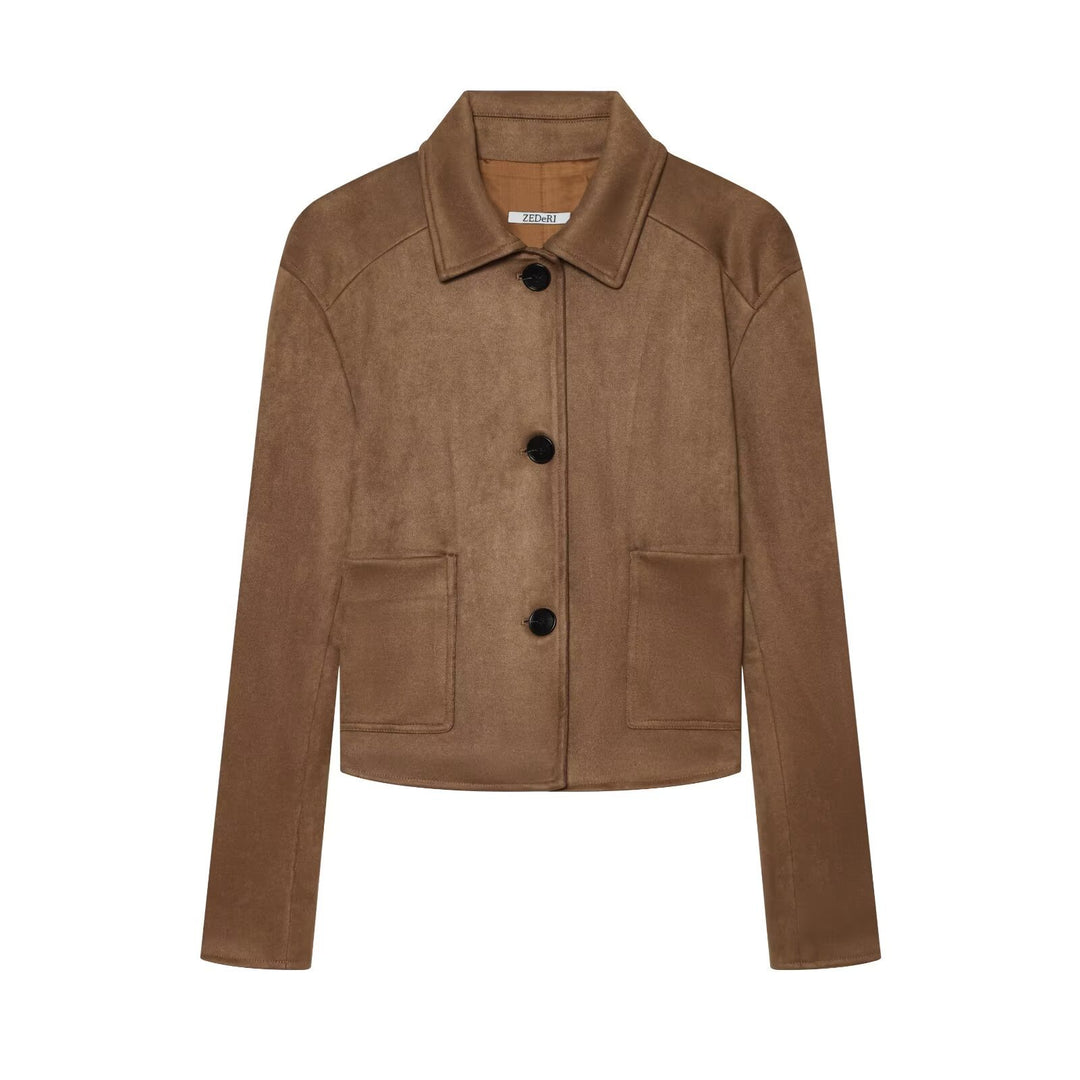 Damen Kurzjacke im Veloursleder-Look mit Hemdkragen und aufgesetzten Taschen Shop Nory