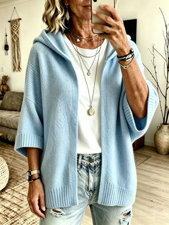 Damen Kapuzen-Longcardigan aus grobem Strick mit 3/4-Ärmeln und offener Front Shop Nory