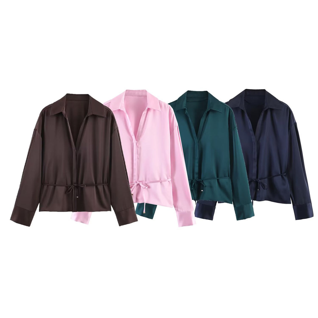Damen Satinbluse mit Tunnelzugtaillierung, weitem Hemdkragen und breiten Manschetten Shop Nory