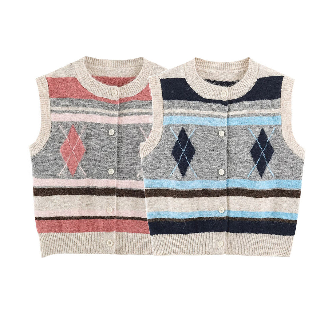 Damen Ärmellose Argyle-Strickweste mit durchgehender Knopfleiste und geripptem Saum Shop Nory
