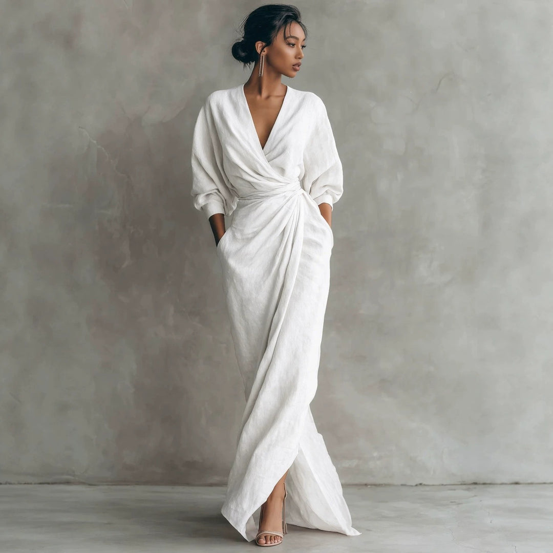 Damen Wickel-Maxikleid aus Leinenmix mit tiefem V-Ausschnitt und Ballonärmeln Shop Nory