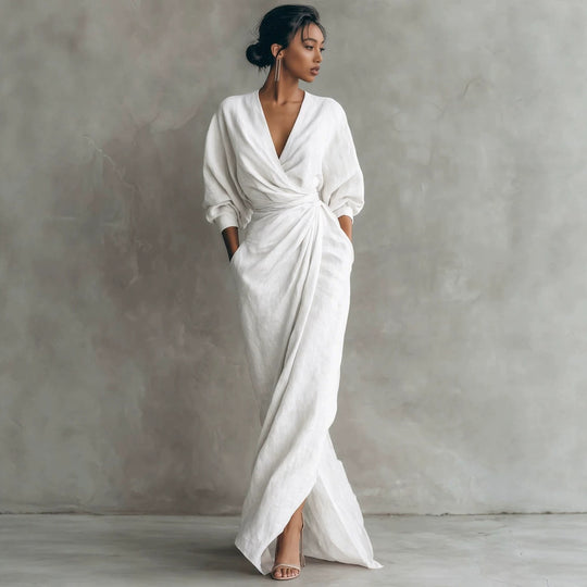 Damen Wickel-Maxikleid aus Leinenmix mit tiefem V-Ausschnitt und Ballonärmeln Shop Nory