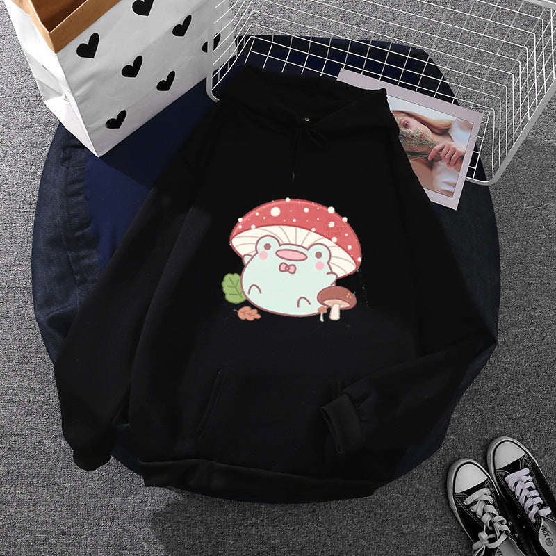 Damen nan weicher Oversize-Kapuzenpullover mit kawaii Pilzfrosch-Print, Kängurutasche und gerippten Bündchen Shop Nory
