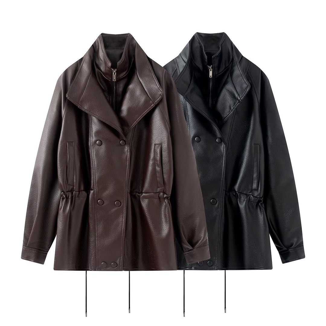 Damen Oversized Double-Breasted Kunstleder-Mantel mit Tunnelzug und Stehkragen Shop Nory