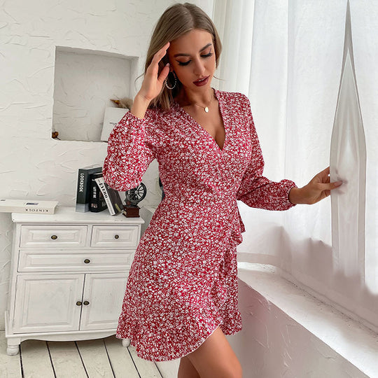 Damen Tailliertes Wickel-Minikleid mit V-Ausschnitt, langen Ärmeln und Rüschensaum Shop Nory