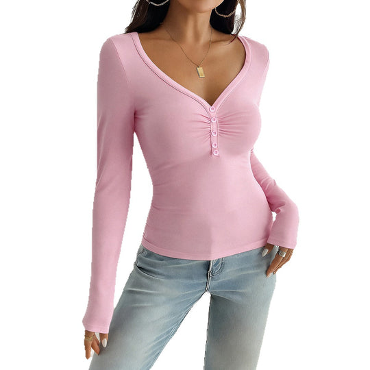 Damen nan tailliertes Langarmshirt mit geraffter Knopfleiste und tiefem V-Ausschnitt Shop Nory