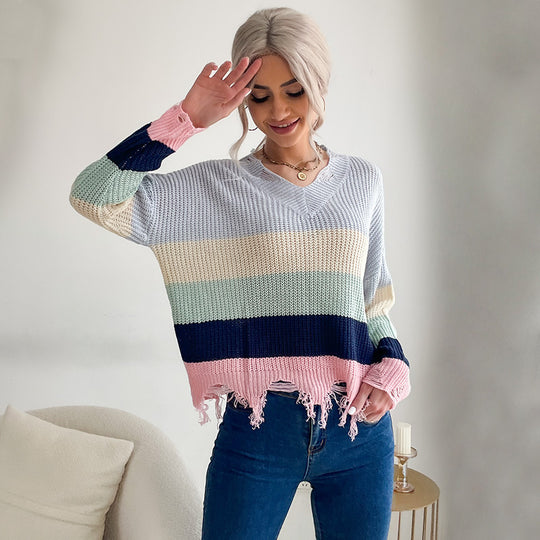 Damen Oversize V-Ausschnitt Strickpullover mit Streifendessin und ausgefranstem Saum Shop Nory