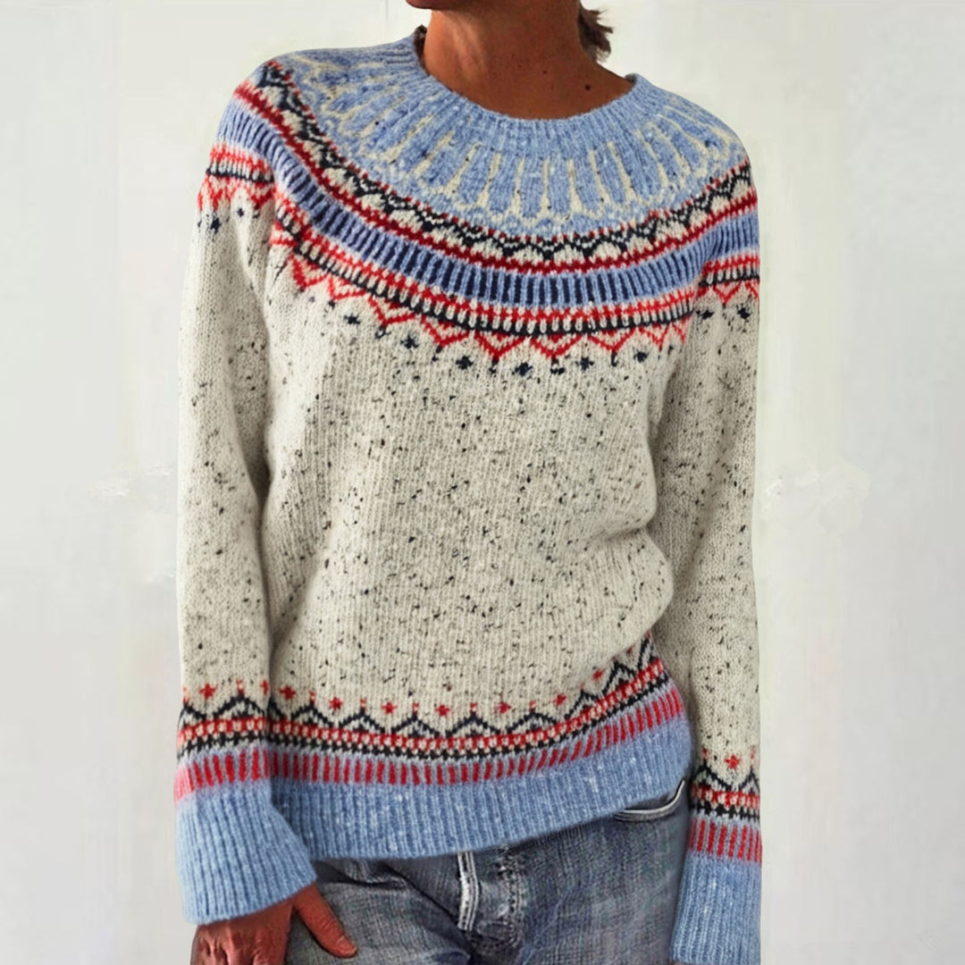 Damen nan melierter Rundhalsausschnittpullover mit kreisförmigem Jacquard-Yoke und geripptem Saum Shop Nory