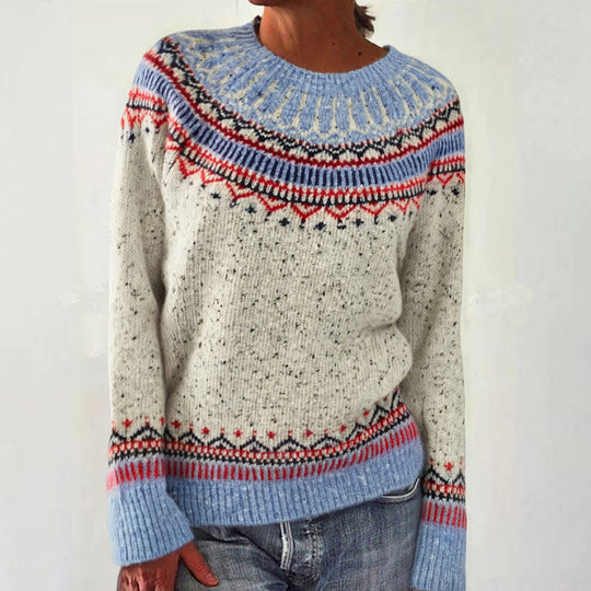Damen nan melierter Rundhalsausschnittpullover mit kreisförmigem Jacquard-Yoke und geripptem Saum Shop Nory