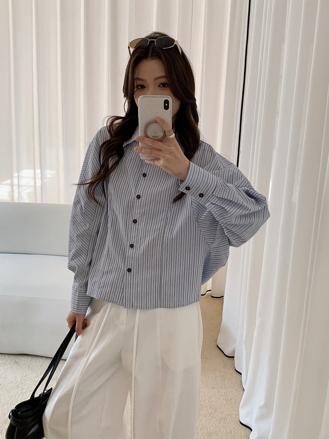 Damen Oversized Hemdbluse mit Streifenmuster und Ballonärmeln Shop Nory