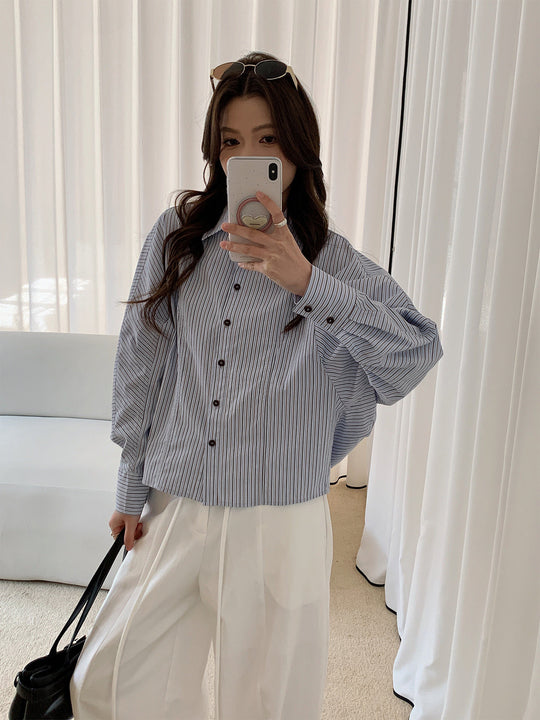 Damen Oversized Hemdbluse mit Streifenmuster und Ballonärmeln Shop Nory
