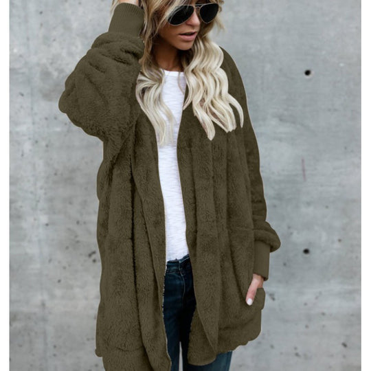 Damen Oversize Teddy‑Fleece‑Mantel mit offener Front, Eingrifftaschen und Rippbündchen Shop Nory