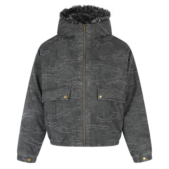 Damen Wattierte Kapuzen‑Bomberjacke mit Kunstfellbesatz, Camouflage‑Effekt und elastischem Saum Shop Nory