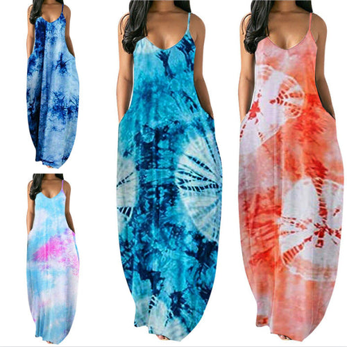 Damen Bohemian Batik-Maxikleid mit Taschen Shopnory